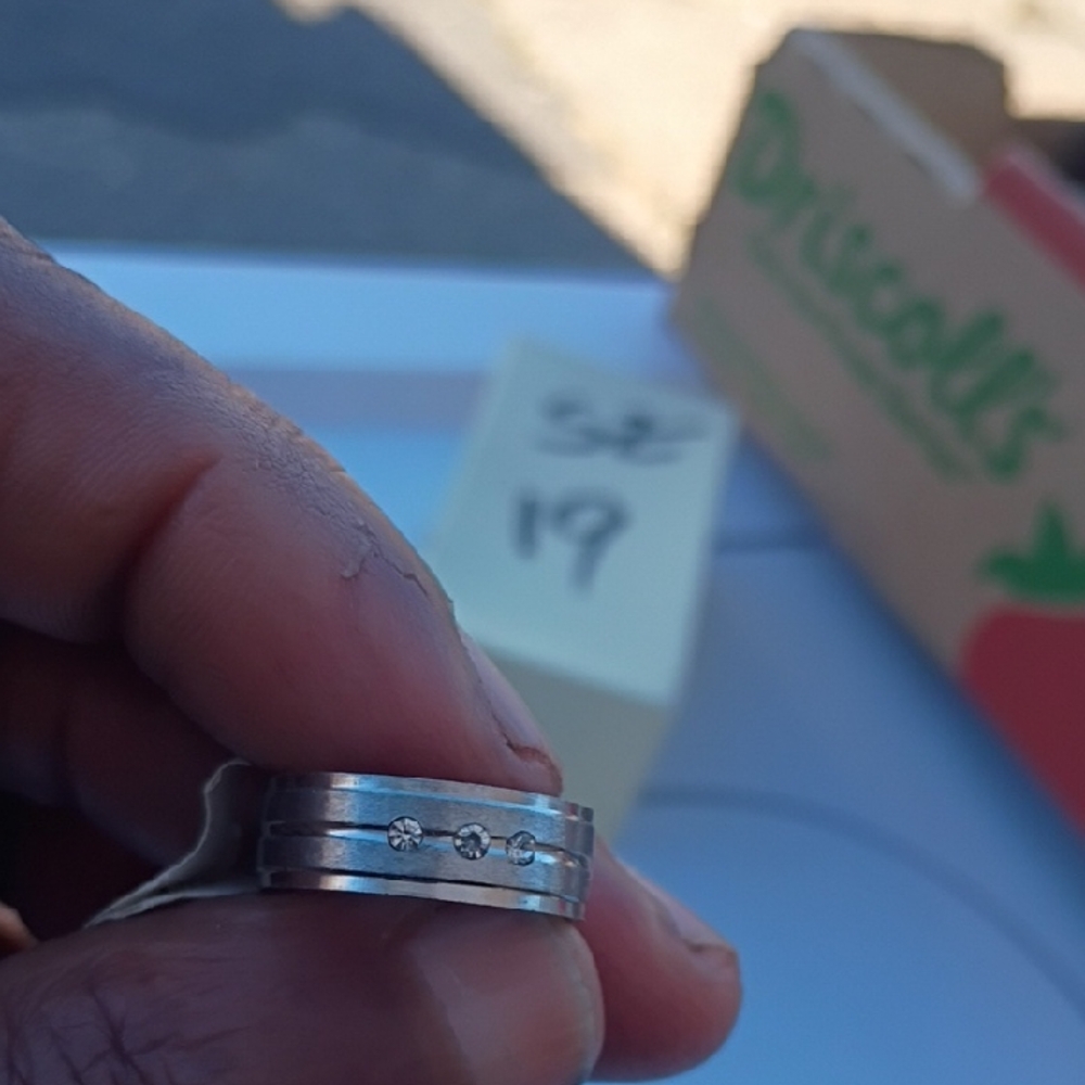 Silver Stainless Steel Sz 19mm Ring with Diamond Accents